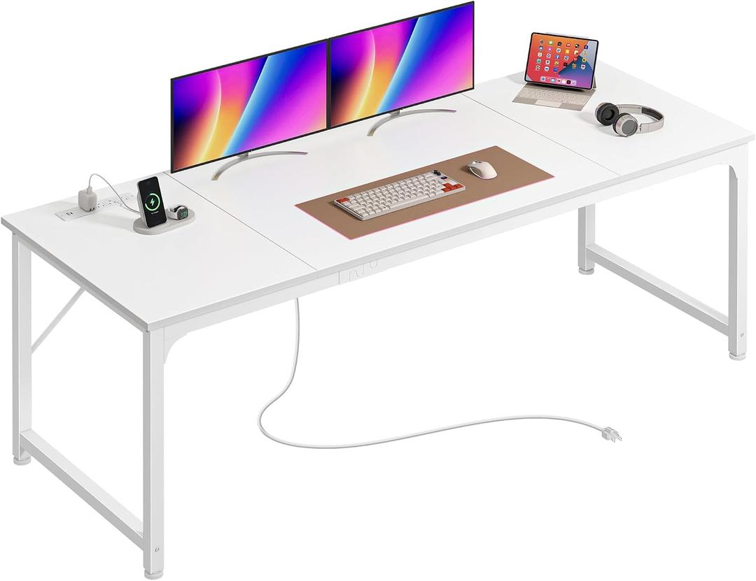PRAISUN 70 x 24 Inch Computer Desk with Power Outlets & USB-C, White, 71 Inch