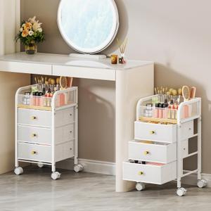 SWTYMIKI Rolling Makeup Organizer Cart - Floor Skincare Make Up Storage with 3 Non-woven Drawers, Vanity Organizer Cosmetic Display Cases Cabinet for Skin Care Perfume Nail Polish Brush Hair Tool (4-Tier, White)