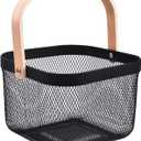 Metal Mesh Wire Basket, Small Steel Basket with Wooden Handle Storage Organizer Basket Multi-functional Hanging Kitchen Baskets Fruit Baskets for Kitchen Bathroom Cabinet Pantry Snacks, Black