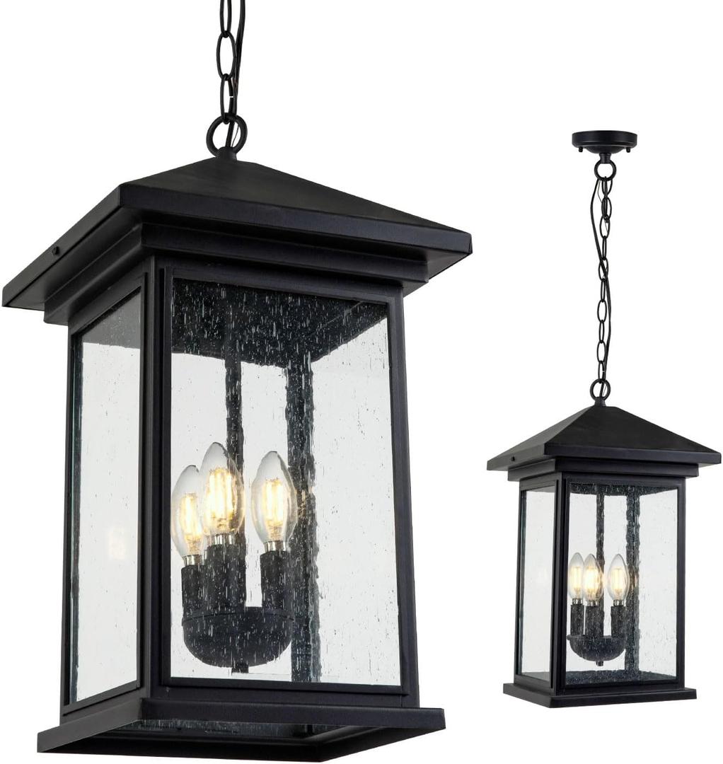 Classic Outdoor Hanging Lantern  Weather-Resistant, Stylish, Matte Black Finish, Clear Seeded Glass and Functional, Extra Large Size