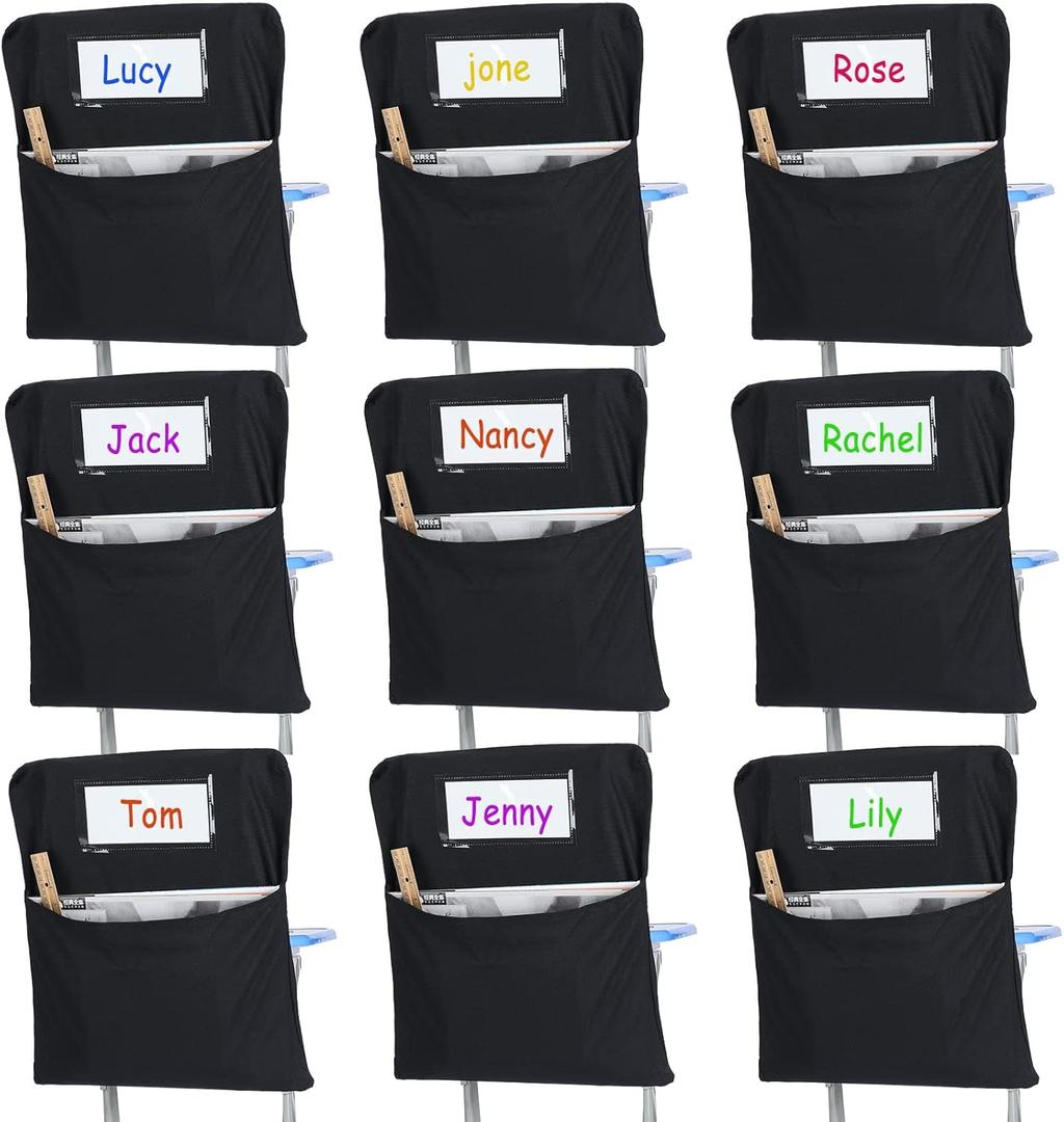 24 Pcs Small Chair Pockets for Classroom 14 Inch School Chairs Bag Chairback Buddy Seat Pocket Student Classroom Organizer with Name Tag for Primary School Chair up to 14'' Wide(Black)