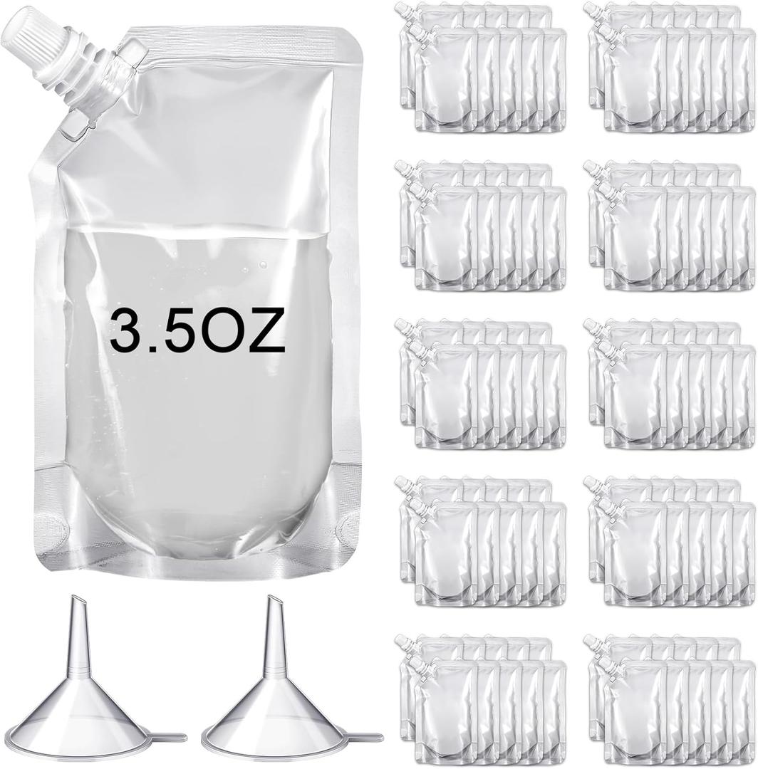 Meanplan 100 Pcs Plastic Pouches Bulk Reusable Squeeze Pouches Clear Plastic Juice Leak Proof Bags with Funnel for Party Favors Supplies(3.5 oz,Inclined Mouth)