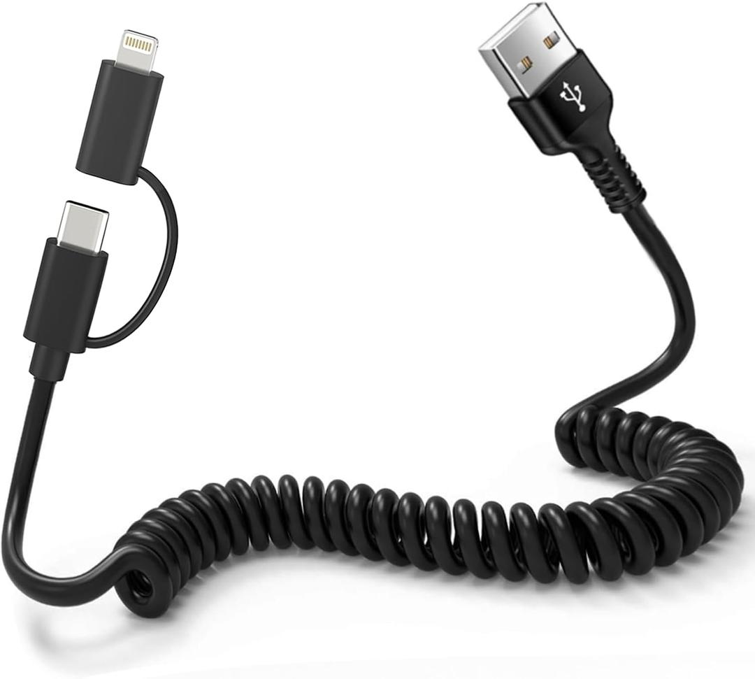 USB A to USB C & Lightning Cable - Support Apple Carplay & Android Auto Cable for iPhone 16/15/14/13/12/Android [MFi Certified] 3A Fast Charge & Data Sync Coiled Dual Lightning and USB C Cable 2 in 1