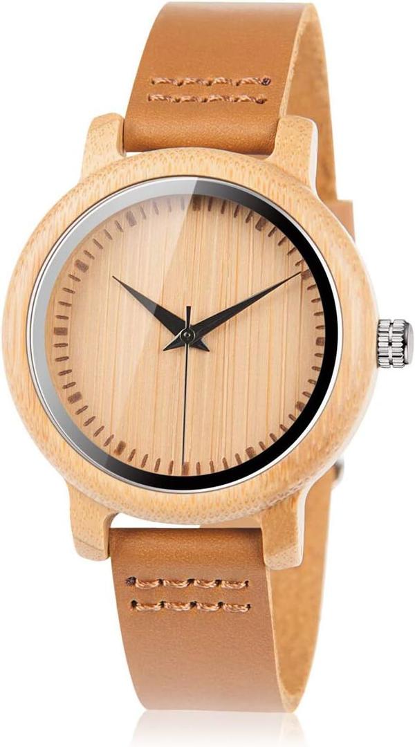 BOBO BIRD Men's Women's Bamboo Wooden Watch with Brown Cowhide Leather Strap Analog Quartz Casual Watches
