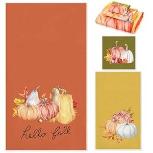 Preboun 3 Pack Thanksgiving Pumpkin Bathroom Towels Set Pumpkins Bath Hand Towels Fall Watercolor Pumpkins Dishes Absorbent Fingertip Towel for Thankful Bathroom Kitchen Hotel Beach Gym Spa