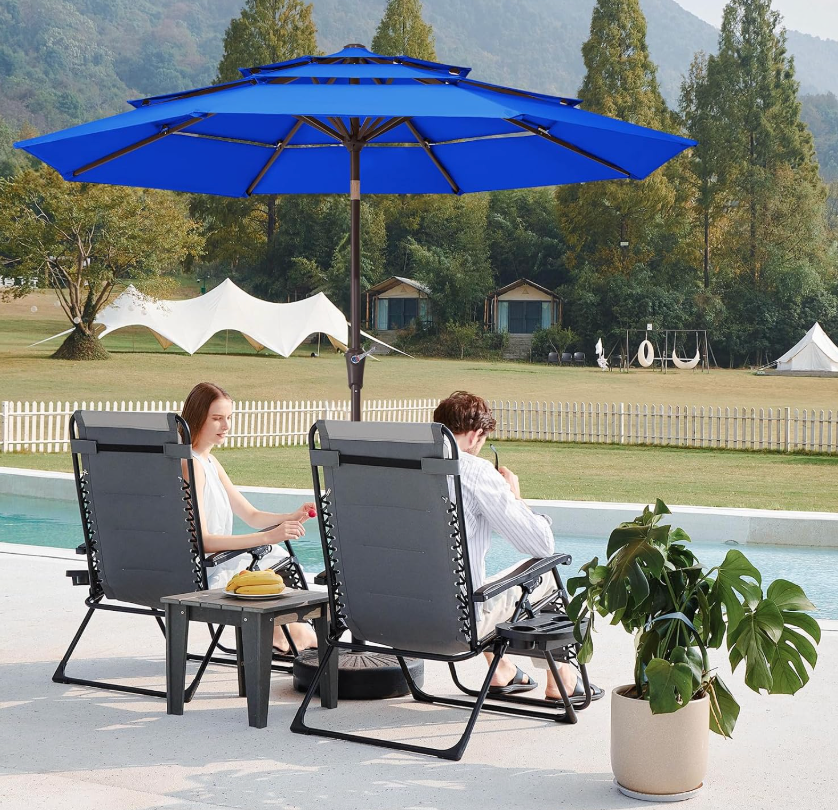 JEAREY 9FT 3 Tier Patio Umbrella Outdoor Market Umbrella Table Umbrellas with 8 Ribs 1.5 Pole Push Button Tilt and Crank UV Protection for Garden,Royal Blue
