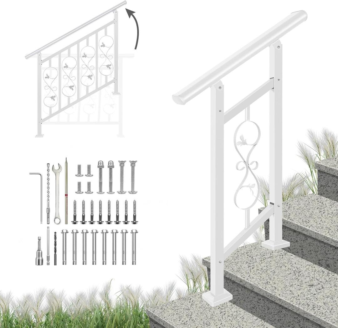 2 Step Handrails for Outdoor Steps, Adjustable,White Wrought Iron