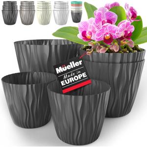 Mueller European-Made 5/1 Plant Pots 6/7.5/9.2" - Flower Pots Set with Inner Drainage for Indoor and Outdoor Use, Modern Decorative Planters for Plants, Flowers, and Herbs - Black