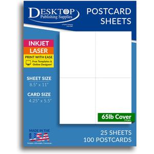 65lb White Printable Postcards - Blank Postcard Paper - Perforated 4 per Sheet - for Inkjet/Laser Printers - 25 Sheets / 100 Postcards