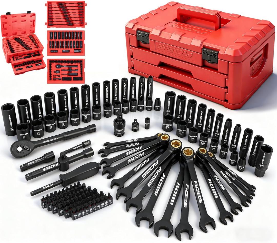 Premium 132-Piece Mechanics Tool Set, SAE/Metric 1/4" & 3/8" Drive Socket Set, Ratcheting Wrenches, Extensions & Adapters, Quick-Release Ratchet, Professional Auto Repair Tool Kit with Storage Case