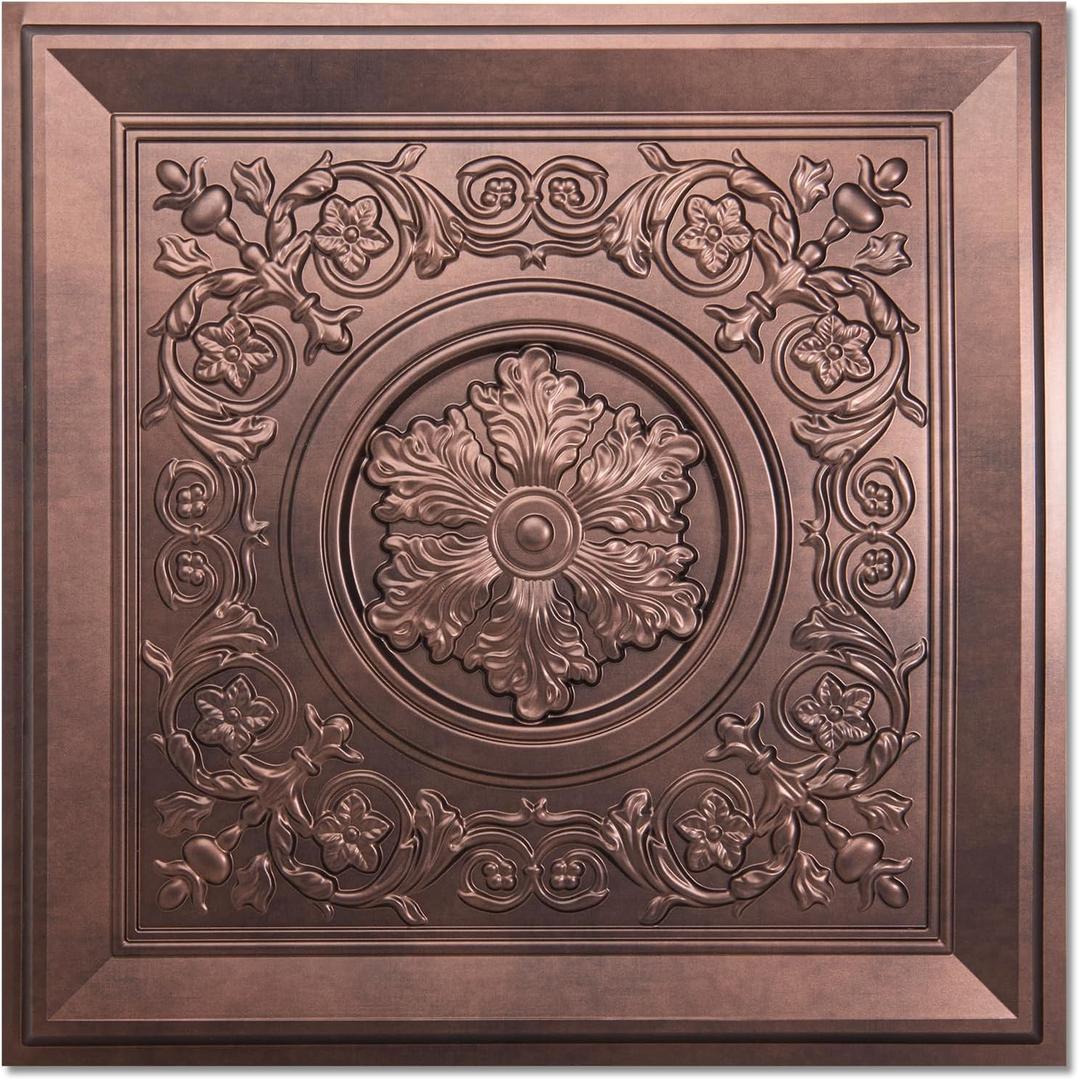 WOWSTAR 12-Pack 24"x24" Drop Ceiling Tiles, Waterproof Glue Up Vintage Style 3D Ceiling Tiles, Antique Copper