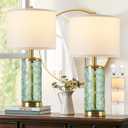 QiMH Glass Table Lamp Set of 2, Modern Gold Bedside Lamp with Stereo Palm Leaves Vein Glass for Living Room, Green Nightstand Lamps for Bedroom Home Office Reading Decor(Bulbs & Shades Included)