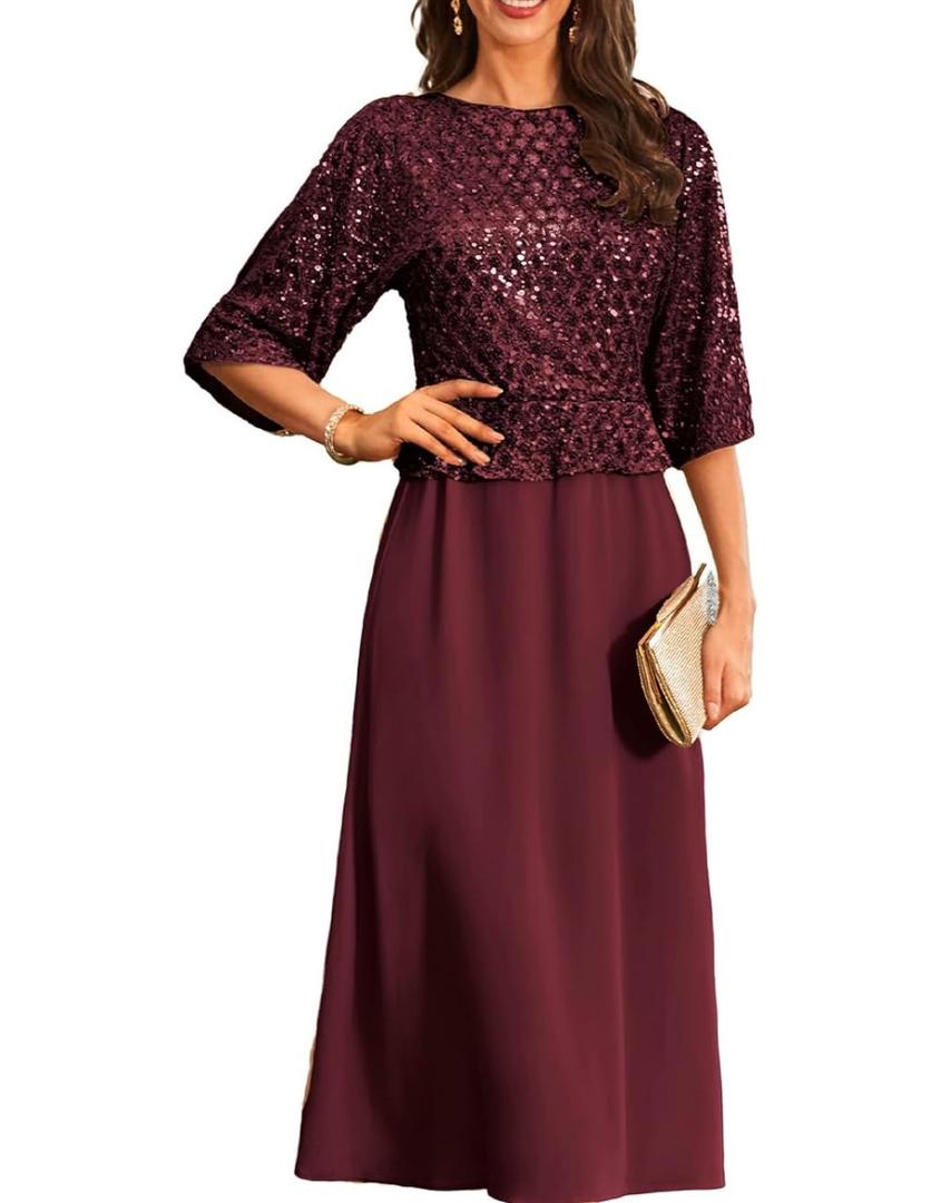 GRACE KARIN Mother of Bride Dresses 2025, 3/4 Sleeve Sequin Dress Maxi, Elegant Wedding Guest Dress Formal Cocktail, Small