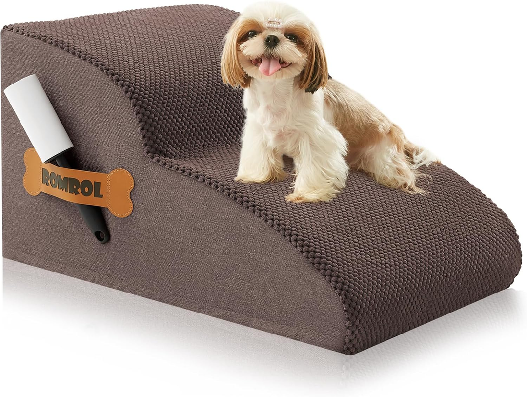 ROMROL Dog Stairs, Romrol Dog Steps Ramp for High Bed and Couch, Dog Ramp with Durable Non-Slip Waterproof Fabric Cover, Pet Stairs for Small Dogs and Cats or Pets Joints, 2-Tiers,Coffee