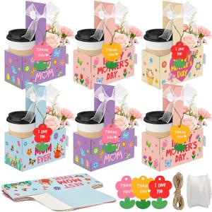 Cinrobiye 24 Set Mother’s Day Gift Drink Carriers with Handles, Floral Paper Holders with Cards & Ribbon, Creative Coffee Flower Gift Box for Mom Party Favor Table Decoration