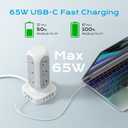 TenTrend 65W Fast Charging Station, Flat Plug Power Strip Tower with 12 AC Outlets & 8 USB Ports (2 PD USB-C Ports), 10FT Extension Cord, Compatible for MacBook Pro, iPhone Series.