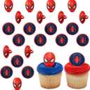 DecoPac Marvel's Spider-Man Spider and Mask Rings, Spider-Man Cupcake Decorations, Red and Blue Food Safe Cake Toppers 24 Pack