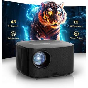 Projector-4K with WiFi and Bluetooth:[2500 ANSI/40W Dolby Audio/Official Licensed Apps], Outdoor-Projector with Smart OS 2.0 & AI Auto Focus,ONOAYO ONO5Pro Smart Movie Projector for Indoor/Outdoor Use (Black)