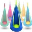 Y- STOP Kids Pod Swing Seat, Hanging Hammock Chair Swing with Inflatable Pillow, Sensory Swing Chair with Pocket for Outdoor and Indoor (Blue and Green)