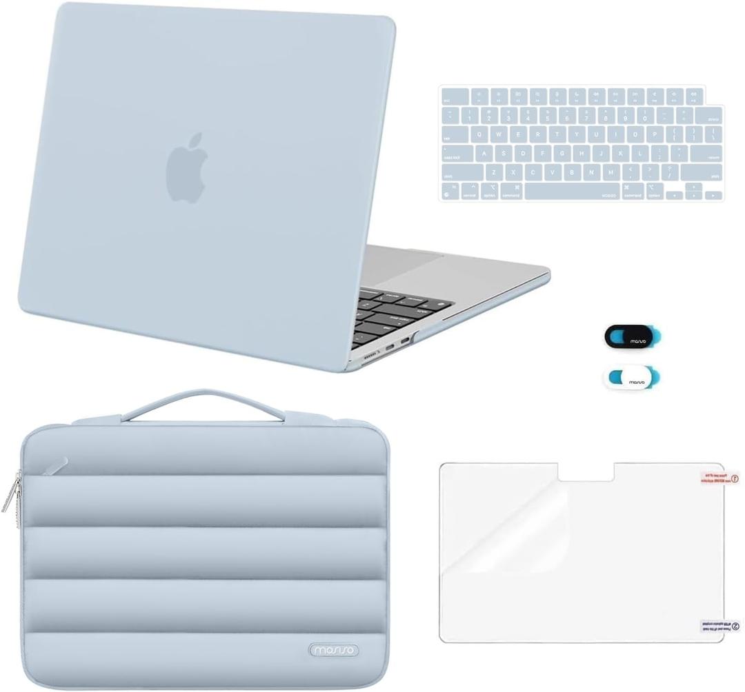 MOSISO Compatible with MacBook Air 13 inch Case 2025 2024 2023 2022 M4 A3240 M3 A3113 M2 A2681, Hard Case&Puffy Bag&Keyboard Cover&Webcam Cover&Screen Film for MacBook Air 13.6 inch Case, Baby Blue