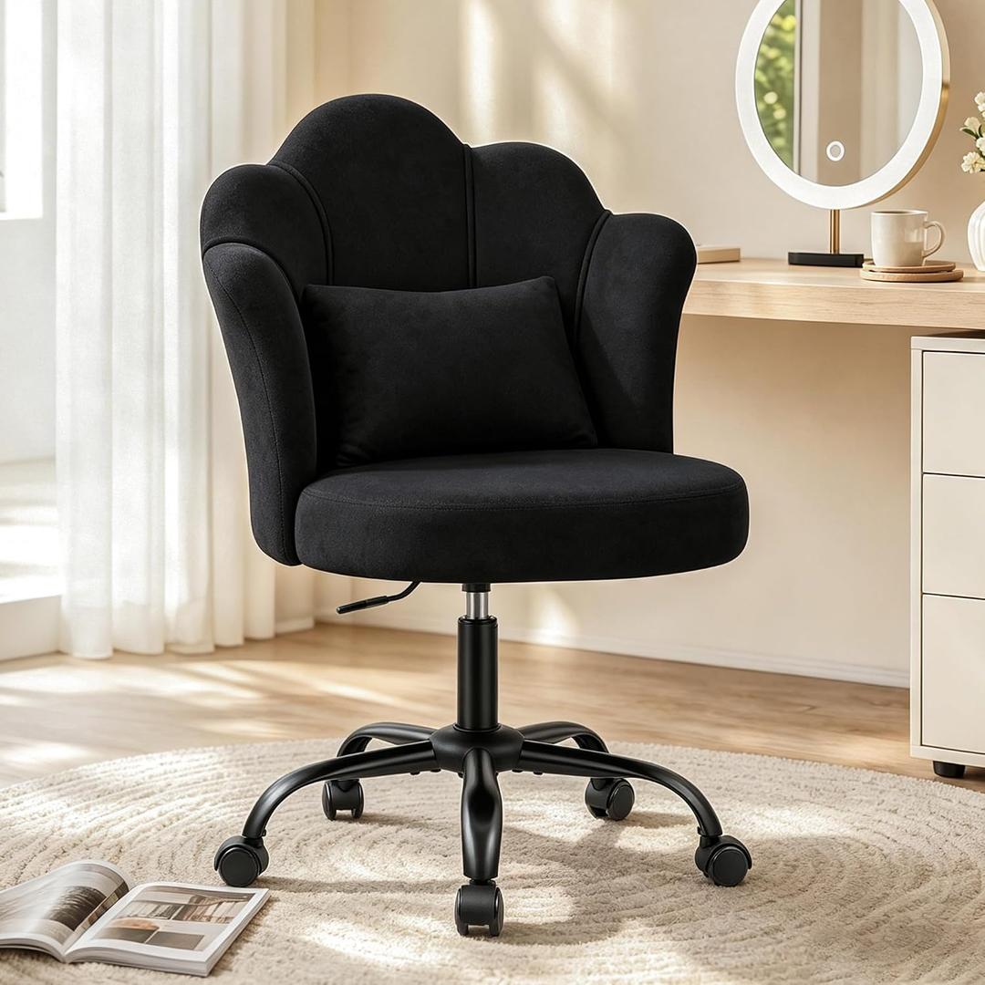 BestGlory Petal Vanity Chair with Wheels, 3.15" Thick Cushion Makeup Chair, Adjustable Height Swivel Armless Desk Chair, Cute Velvet Chair for Girls Women, Small Bedroom Dorm Room Office Chair