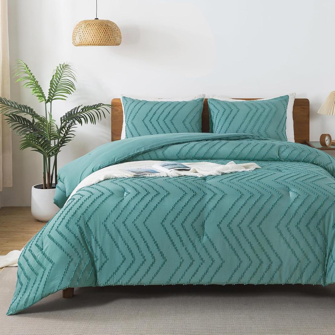 Andency Grayish Teal Comforter Set Full Size, Boho Soft Warm Bedding Comforter Sets for Full Bed, 3 Pieces Vintage Chevron Tufted Aesthetic Comforter Set