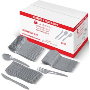 PLASTICPRO 1000 piece Cutlery Combo set of Silver Plastic Forks, Spoons, and Knives Disposable Colored Cutlery Bulk Pack Variety Pack for Party Home Office