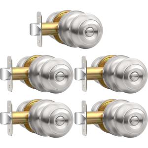 Brushed Nickel Door Knobs Interior Keyless Knob, Privacy Door Knob with Lock, 5 Pack Door Locks for Bedrooms Bathroom, Reversible for Left/Right Door Handle