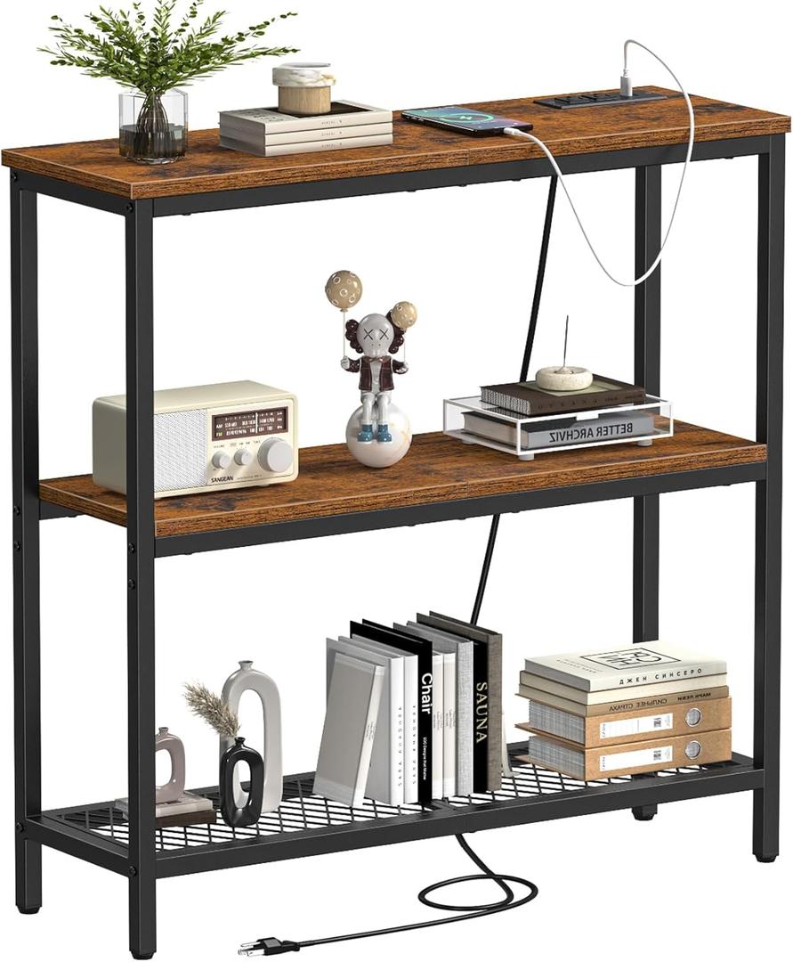 Snughome Console Table with Power Outlets, Entryway Table with Storage, Narrow Sofa Table with 3 Tier Shelves, 2 USB Ports, 2 Power Outlets, Hallway Table for Couch, Living Room, Entrance (Rustic Brown)