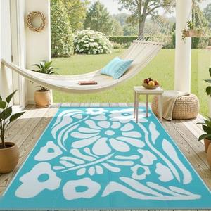 Uphome Outdoor Plastic Straw Rug 6x9, Reversible Waterproof Outdoor Rug Carpet, Turquoise Floral Patio Rug, RV Camping Rug for Outside, Indoor Outdoor Area Rug for Backyard Deck Balcony Picnic, 6'x9'