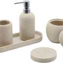Beige Resin Bathroom Accessory Set, 5 Pcs Bathroom Accessories Set with Lotion Dispenser,Soap Dish,Toothbrush Holder,Vanity Tray,Qtip Holder Dispenser, Modern Bathroom Decor and Housewarming Gift Set