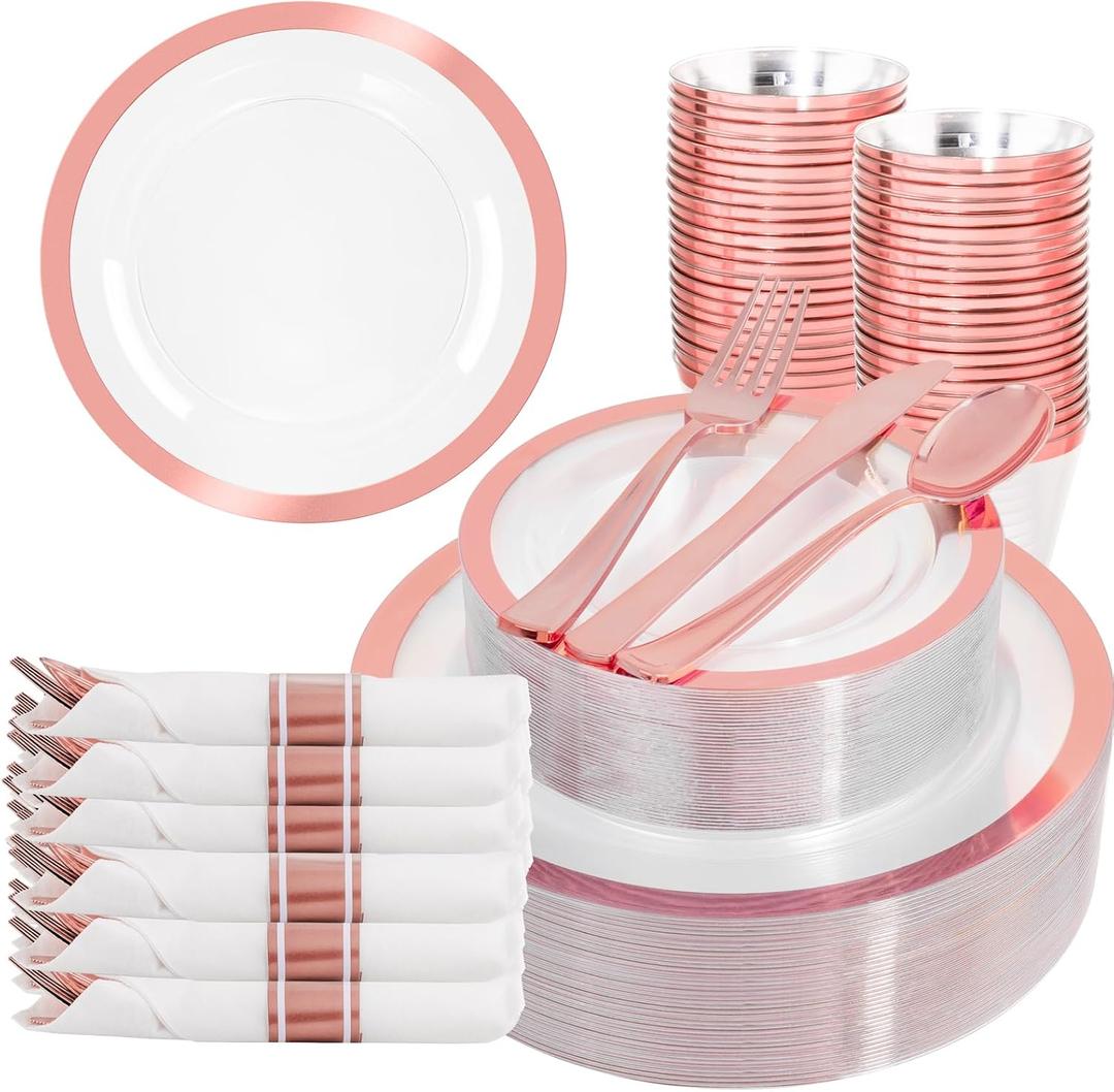 Liacere 350PCS Rose Gold Plastic Plates - Clear with Rose Gold Rim for 50Guests Dinnerware - Include 100 Plates disposable 150 PCS Silverware 50 Napkins for WeddingParty