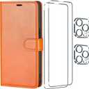 [5 in 1 for iPhone 14 Pro Wallet Case with Card Holder, PU Leather RFID Blocking Stand Cover Magnetic Case with 2 Screen Protector and 2 Camera Lens Protector, Shockproof Flip Phone Case Orange