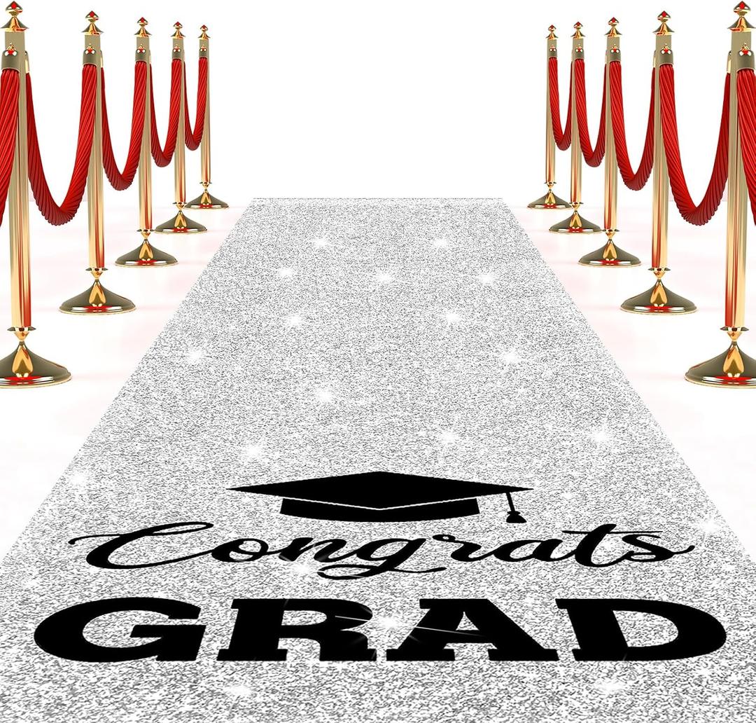 Sliner Glitter Silver Congrats Grad Carpet Runner Rug for Graduation Prom Party Decorations 2ft x 15ft Glitter Graduation Runway Rug for Prom Party Decor Aisle Runner for School College Grad Ceremony, 4" x 24"