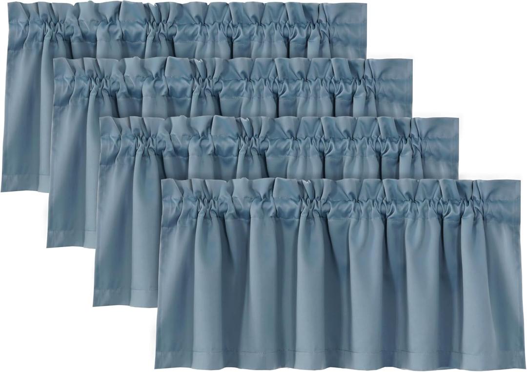 H.VERSAILTEX 100% Blackout Valances for Windows,Short Kitchen Window Valance Curtains for Living Room/Bedroom/Bathroom Privacy Decorative Rod Pocket Grapes4 Panels52" W x 18" L, Stone Blue