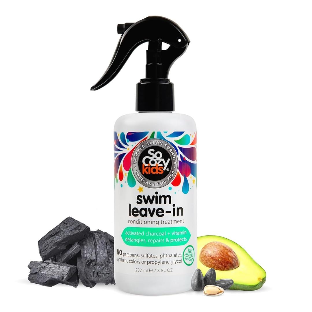 SoCozy Swim Leave In Conditioner Spray & Treatment for Kids Hair (8 Fl Oz) Protects & Repairs Pool, Sun & Salt Hair, Gentle Formula with Activated Charcoal, Vitamin B5 & Sunflower Seed Extract