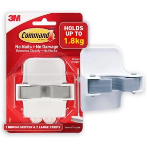 Command Broom and Mop Grippers Wall Hook, Damage Free Hanging Wall Mount Broom and Mop Holder, No Tools Household Cleaning Organizer for Living Spaces, 1 Hanger and 2 Command Strips