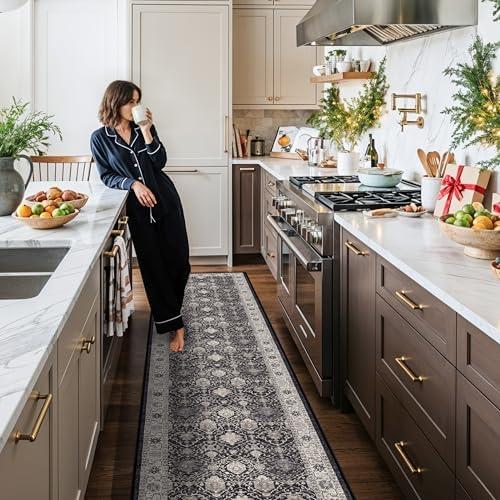 Hallway Washable Runner Rug - 3x20 Kitchen Rugs Entryway Rug Runner Vintage Soft Floor Mat Non Slip Indoor Farmhouse Carpet for Bathroom Living Room Bedroom (3x20, Black)