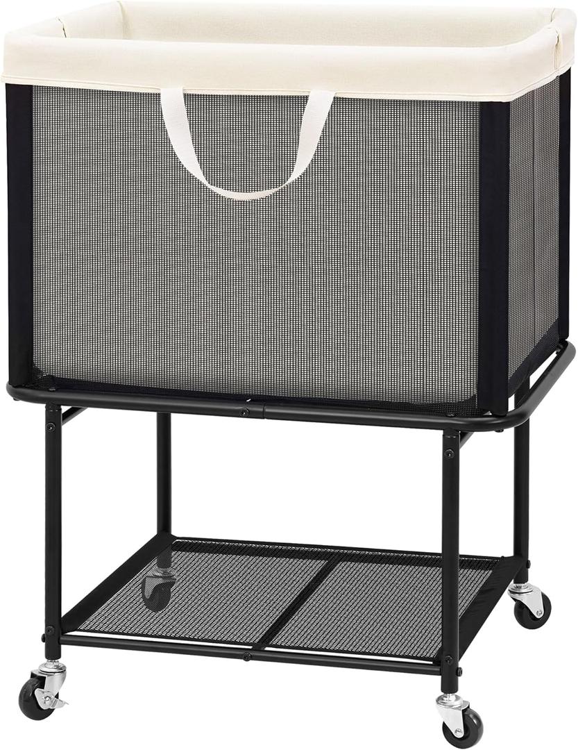 STO STO Rolling Laundry Hamper with Lockable Wheels, 29-Gallon (110L) Laundry Cart with Removable Canvas Bag, 2-Tier Clothes Basket Hamper with Shelf for Closet, Bedroom, Bathroom, Laundry Room, Beige