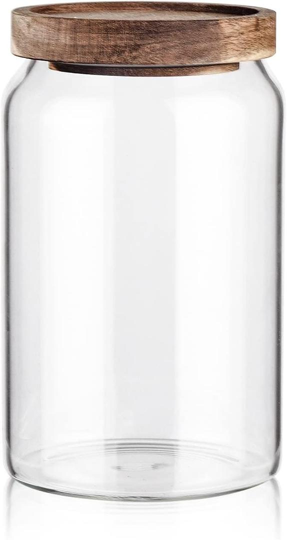 Labina Glass Storage Container Airtight Food Jars Kitchen Canister with Wood Lids, 33 Oz Wide Mouth Pantry Organization Glass Jar for Flour, Sugar, Cookie, Spagetti, Nuts and Candy (A3: 33 Oz 1 pcs)
