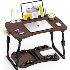Lap Desk for Bed Adjustable Height, Foldable Bed Table with Storage Drawer, Tablet Slot & Cup Holder, Portable Laptop Stand for Bed & Sofa, Bed Desk for Adults & Kids, Walnut