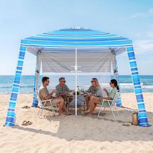 8'x8' Beach Cabana, UPF 50+ Large Beach Canopy with Side Wall, Easy Setup Pop Up Sun Shelter, Adjustable Height & Wind Resistant Beach Tent for 4-6 Person Family, Light Blue