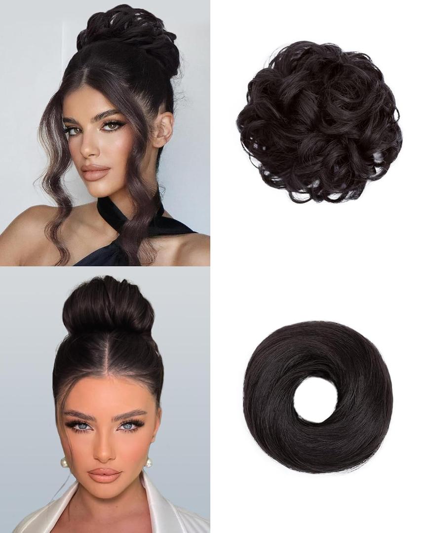 2PCS Messy Bun Hair Piece-Large Wavy Curly & Donut Updo Hair Pieces Set, Scrunchies Synthetic Chignon Ponytail Extensions Thick Updo for WomenBrown Black