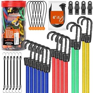 HORUSDY Set of 31 Premium Bungee Cords Assortment Jar, Includes 10”,18”,24”,32”,40” Bungee Cords, 6“ Zip Ties, 8”Canopy/Tarp Ball Ties and Crocodile Mouth Tarp Clips