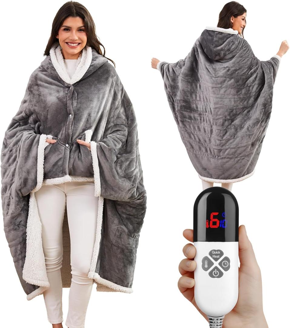 Heated Shawl Wraps for Women, Wearable Heated Throw Blanket, Electric Heated Wrap Poncho with Pockets,6 Heating Levels 4 Hours Auto-Off, Overheat Protection Machine Washable, 50”x64”, Grey