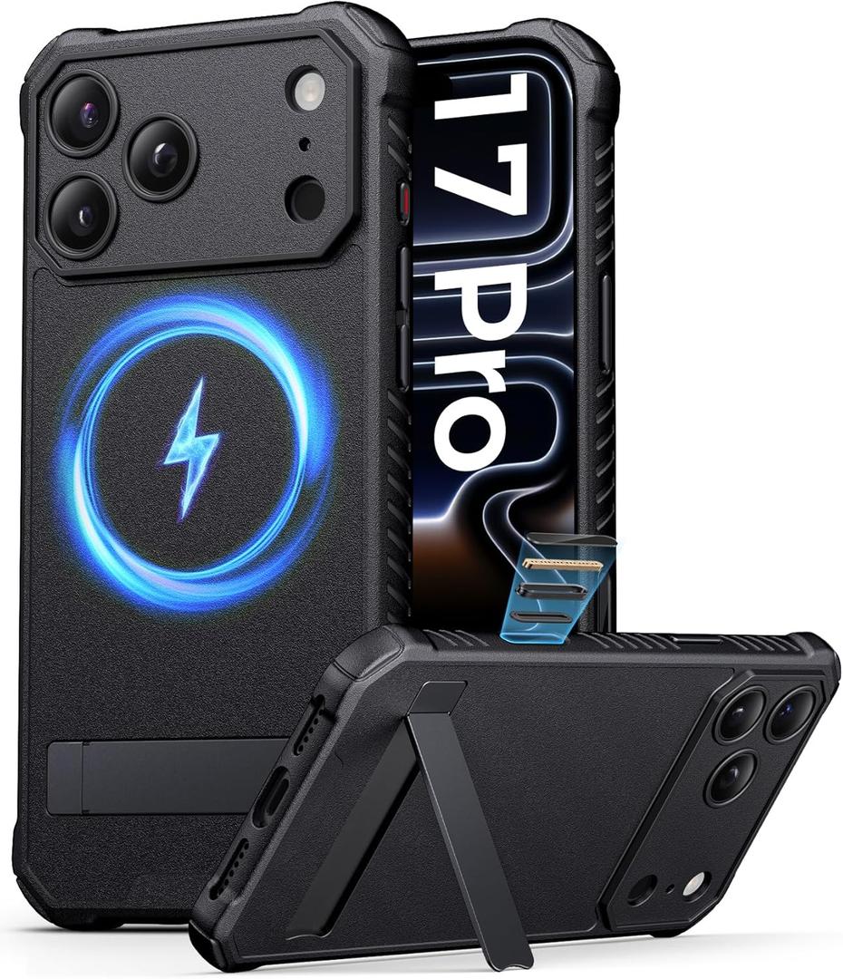 for iPhone 17 Pro Case with Stand & Camera Control Button, Compatible with MagSafe, Full Camera Protection, Rugged Shockproof Magnetic Slim Phone Cover Case for iPhone 17 Pro 6.3" 2025, Black