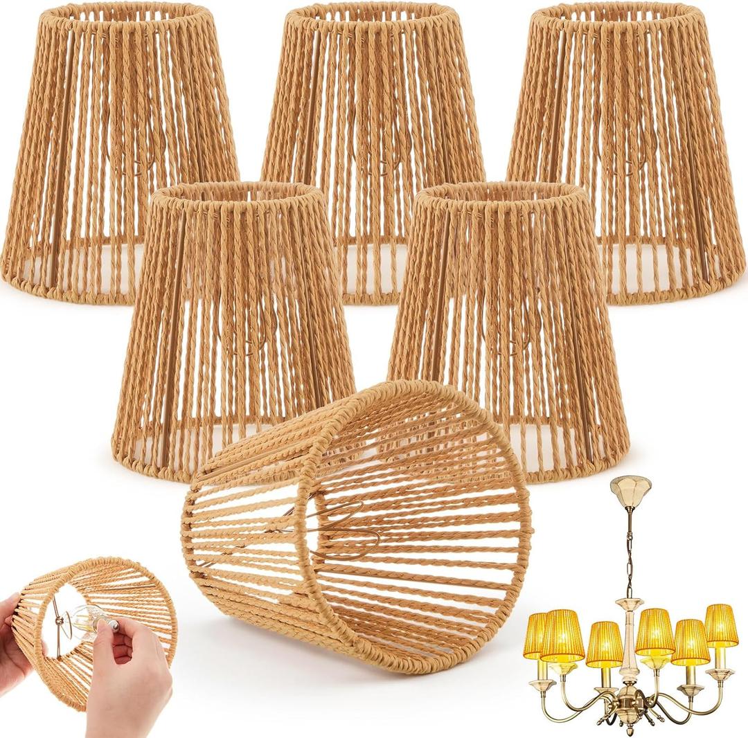 Riakrum 6 Pcs Chandelier Lamp Shades Set Small Lamp Shade for Pendant Wall Ceiling Lights Candle Bulbs Clip on Fitter Lampshade (Rattan,Brown)