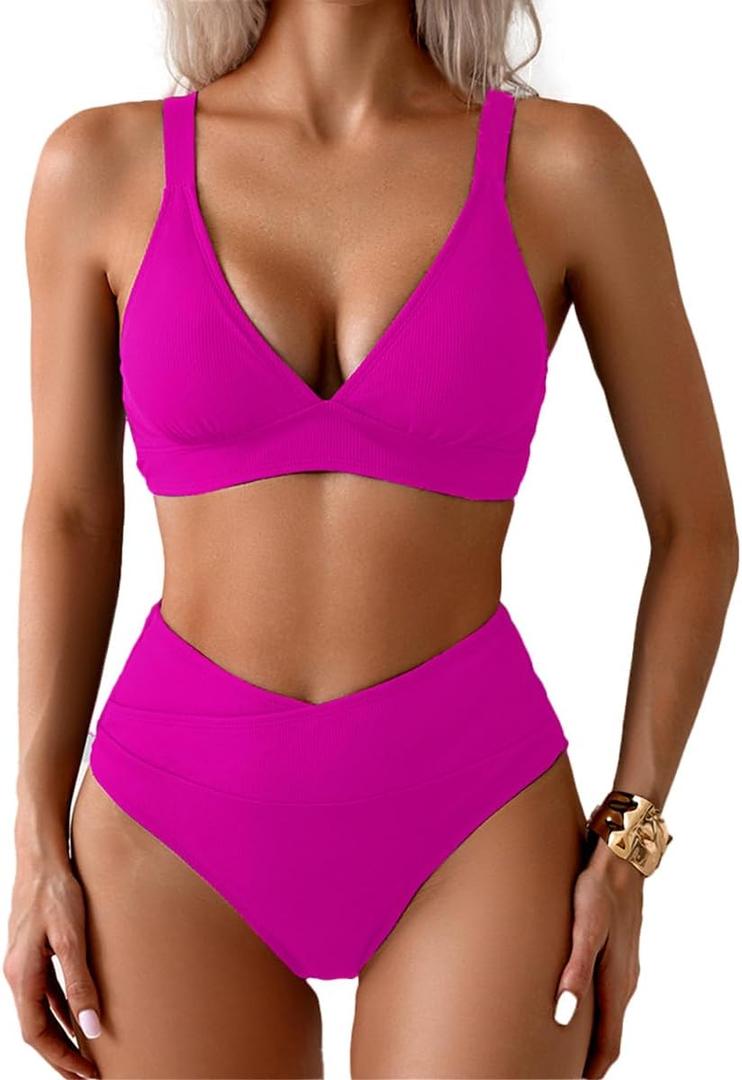 Sexy Ribbed Bikini Set 2 Piece Womens High Waisted V-Cut Cheeky High Leg Tummy Control Longline Swimsuit (Small, Rose)