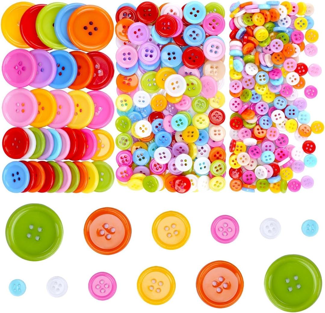 600pcs Assorted Round Buttons for Crafts 6 Size Colorful Buttons Bulk 4 Holes for Sewing Clothes Manual Button Painting DIY Handmade Ornament