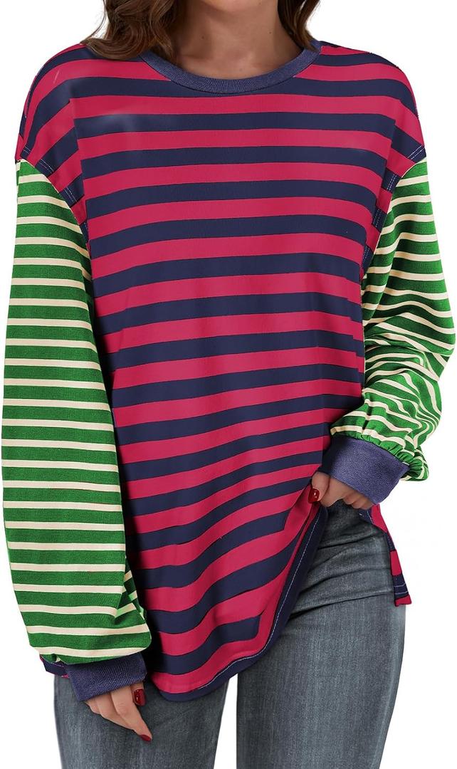 BLENCOT Women's Oversized Patchwork T Shirts Fall Long Sleeve Striped Color Block Loose Fit Pullover Tops (Red, M)